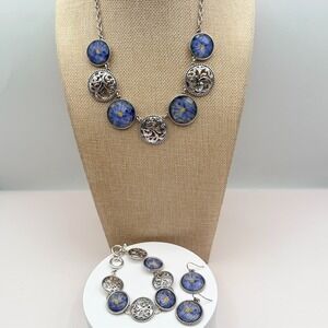 Vintage 90s Silver Tone‎ Blue Flower Glass Cabochon Classic Fashion Jewelry Set